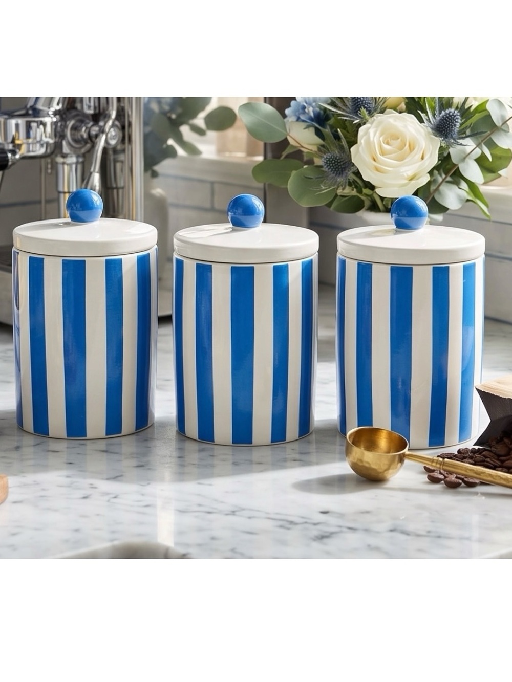 Blue & White Striped Ceramic Canister with Lids- Set